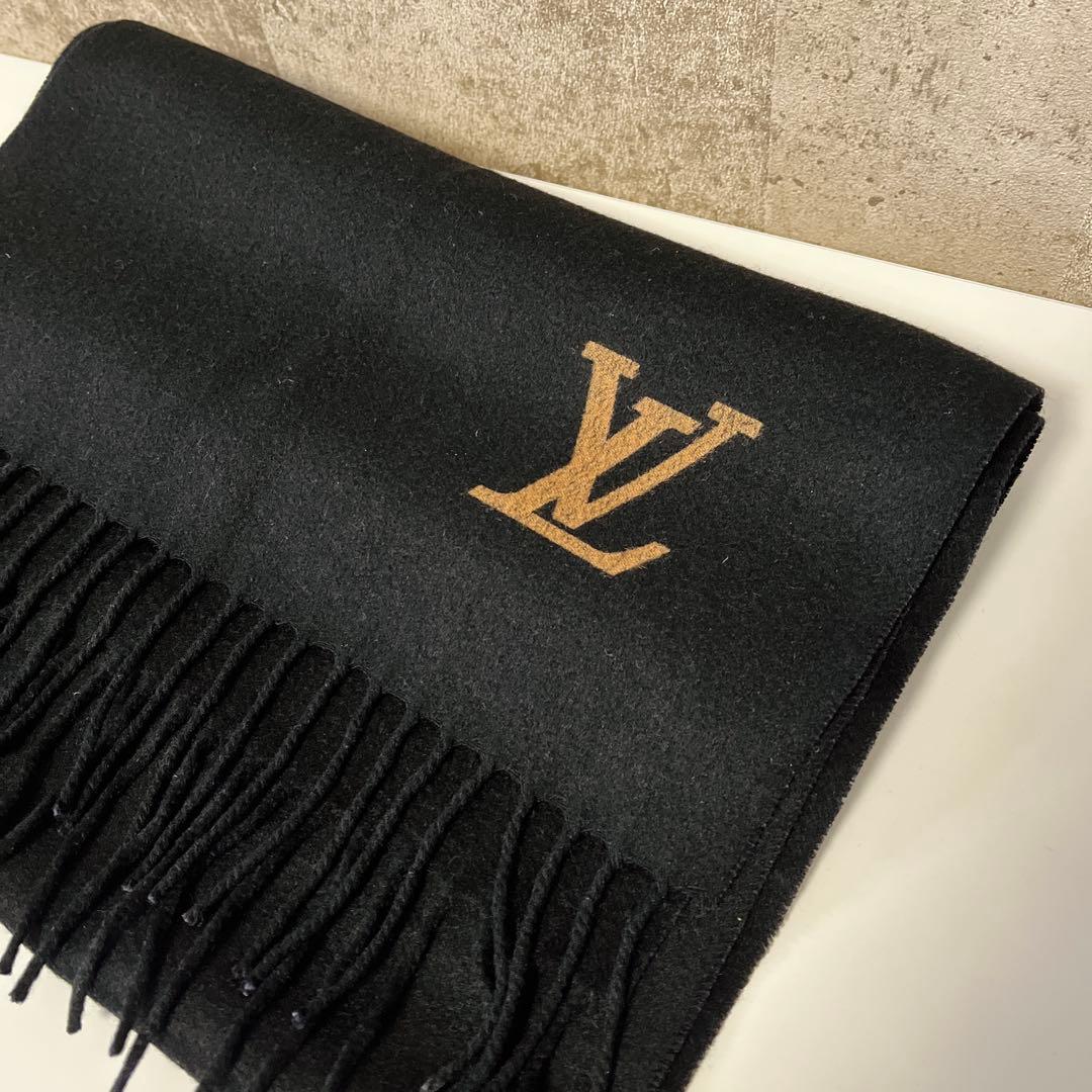 ルイヴィトン LVロゴ フリンジ付き カシミヤマフラー 黒