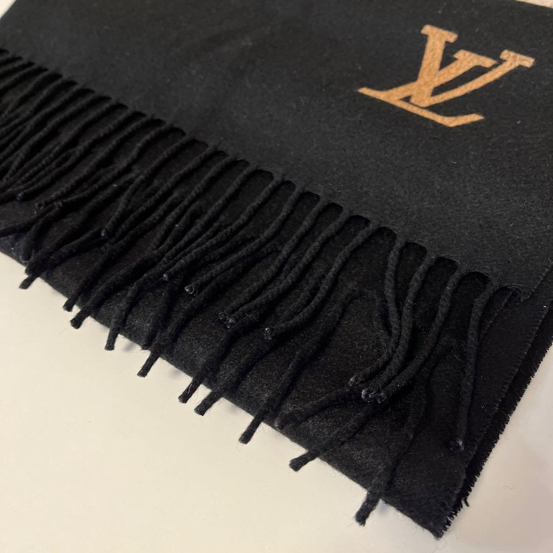 ルイヴィトン LVロゴ フリンジ付き カシミヤマフラー 黒