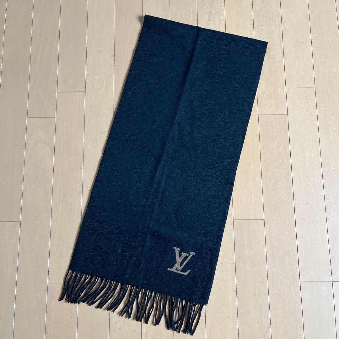 ルイヴィトン LVロゴ フリンジ付き カシミヤマフラー 黒