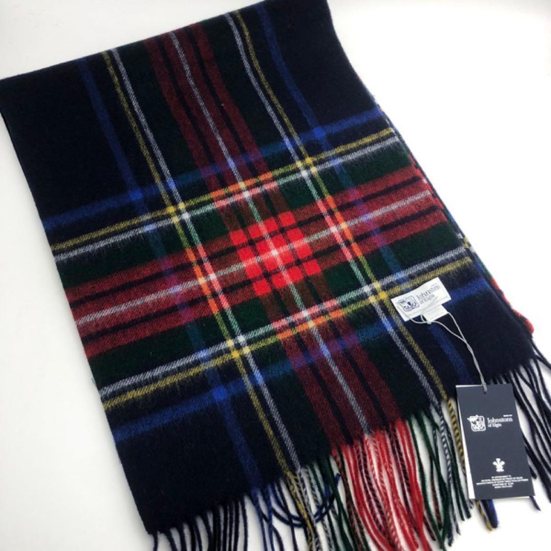 ジョンストンズ　中判　マフラー　スカーフ　ブラックスチュワート　タータンチェック