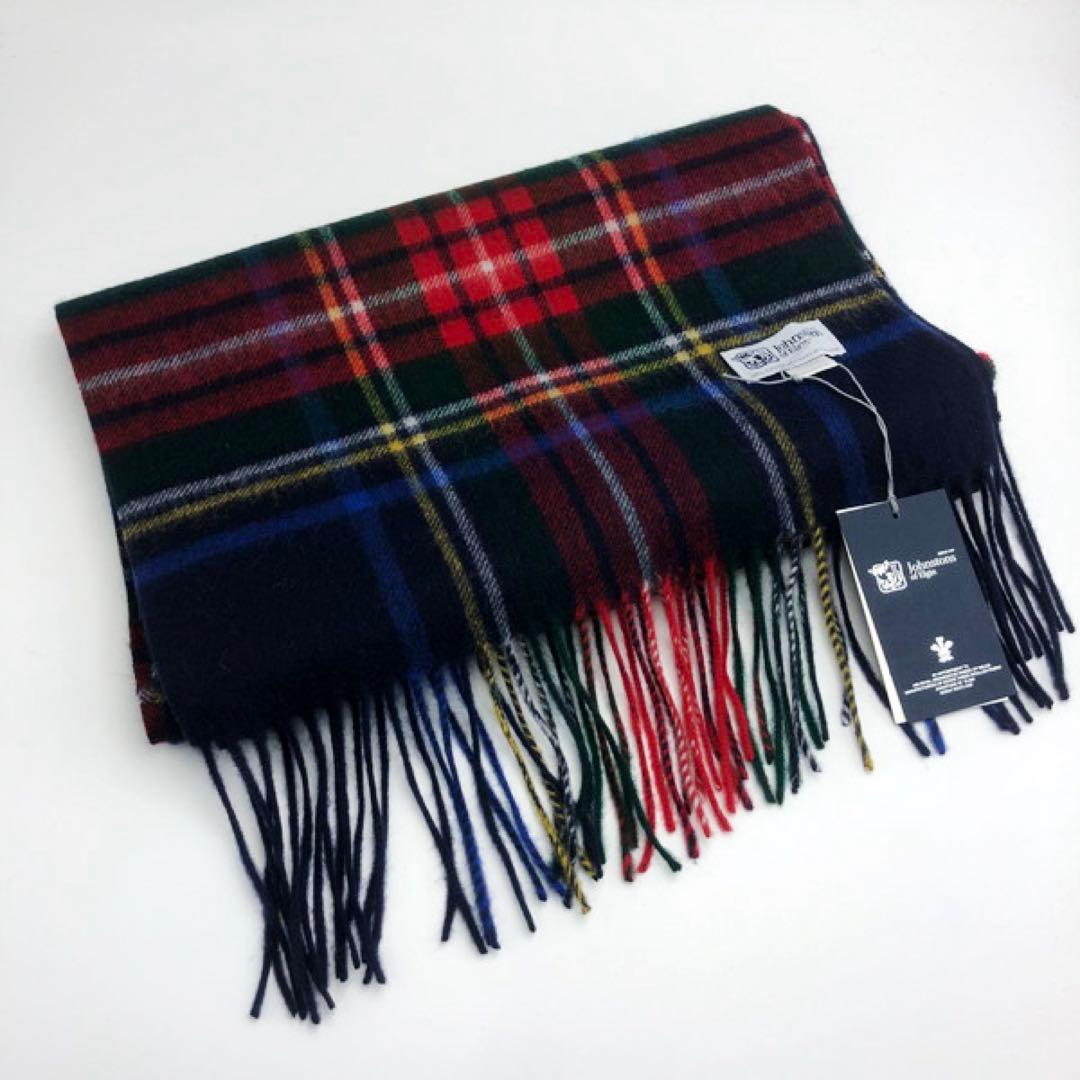 ジョンストンズ　中判　マフラー　スカーフ　ブラックスチュワート　タータンチェック