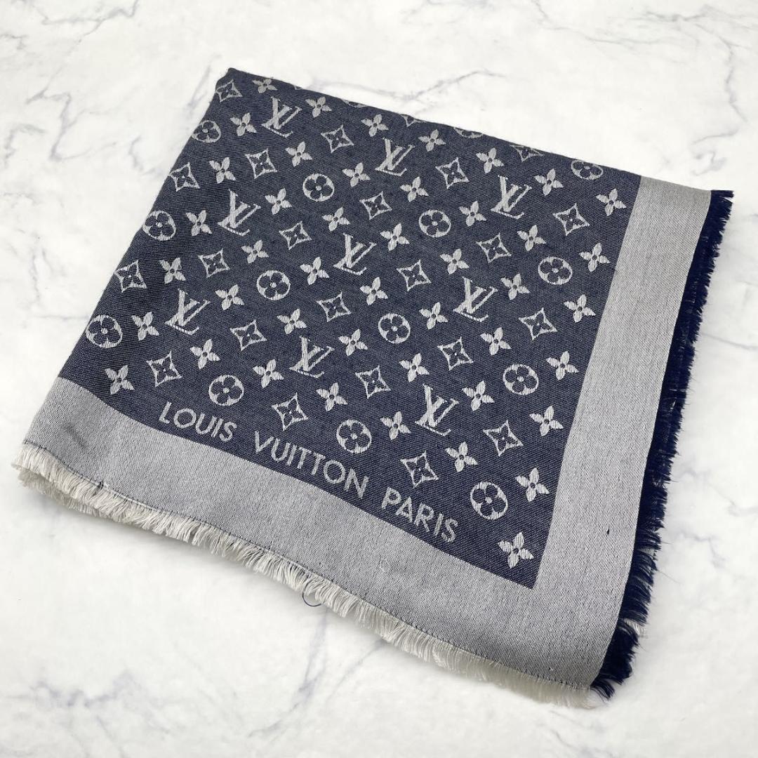 ルイヴィトン モノグラム デニム 大判 ストール シルク混 紺 M71376