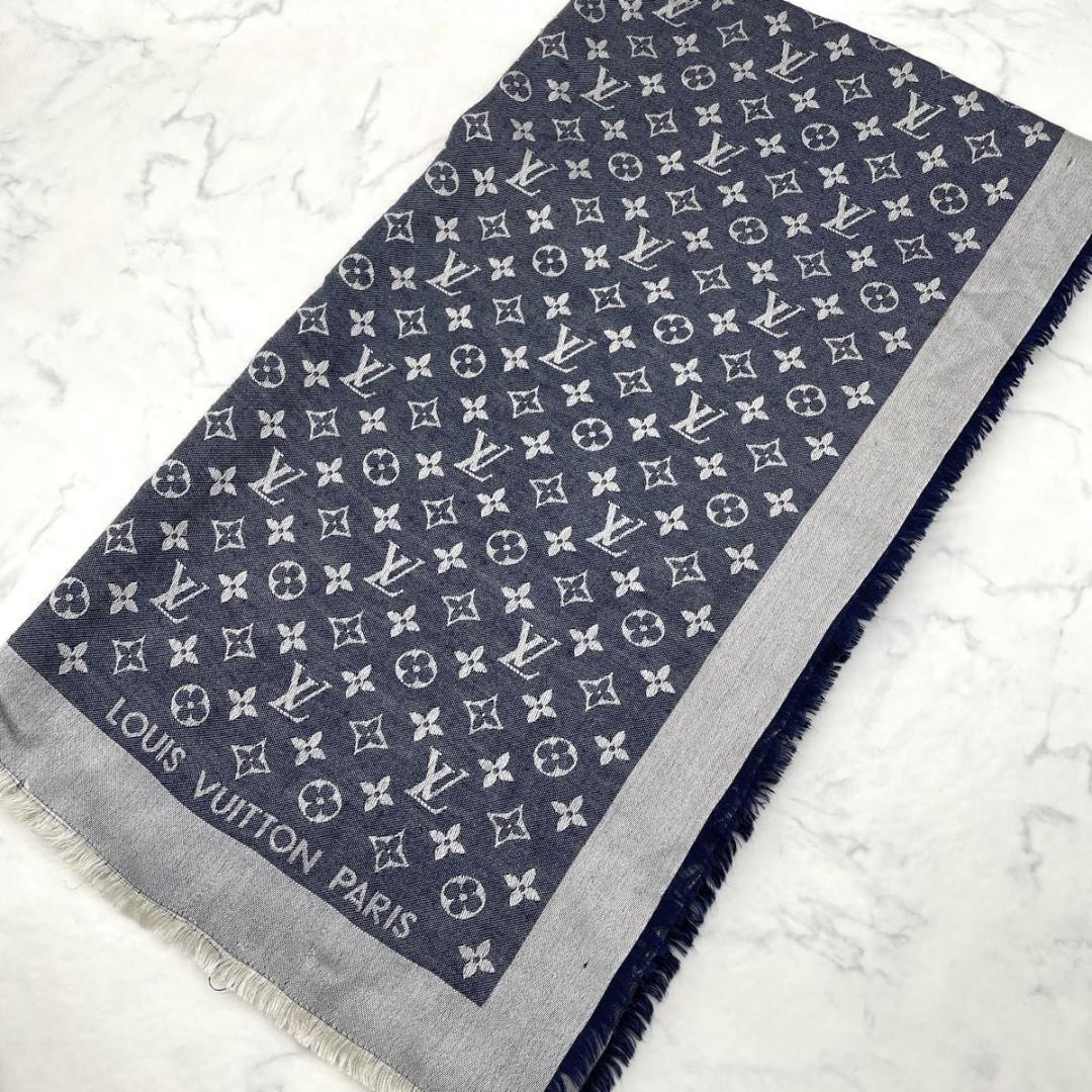 ルイヴィトン モノグラム デニム 大判 ストール シルク混 紺 M71376