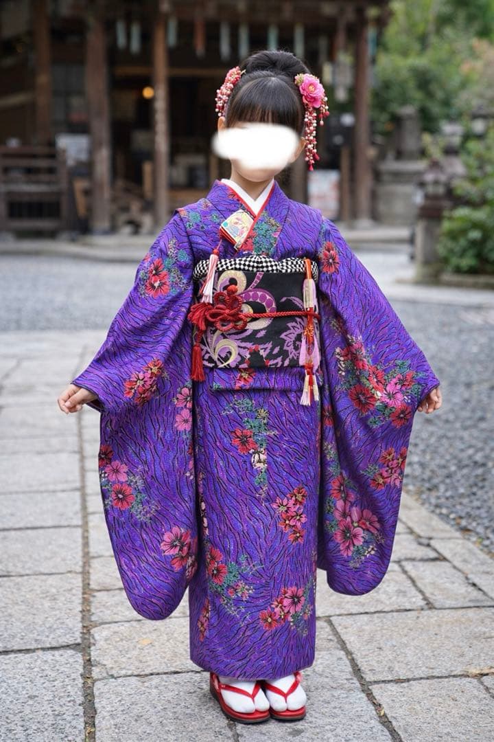 七五三着物セット　7歳　モダンスタイル　黒色　紫色　だらり帯　ぽっくり