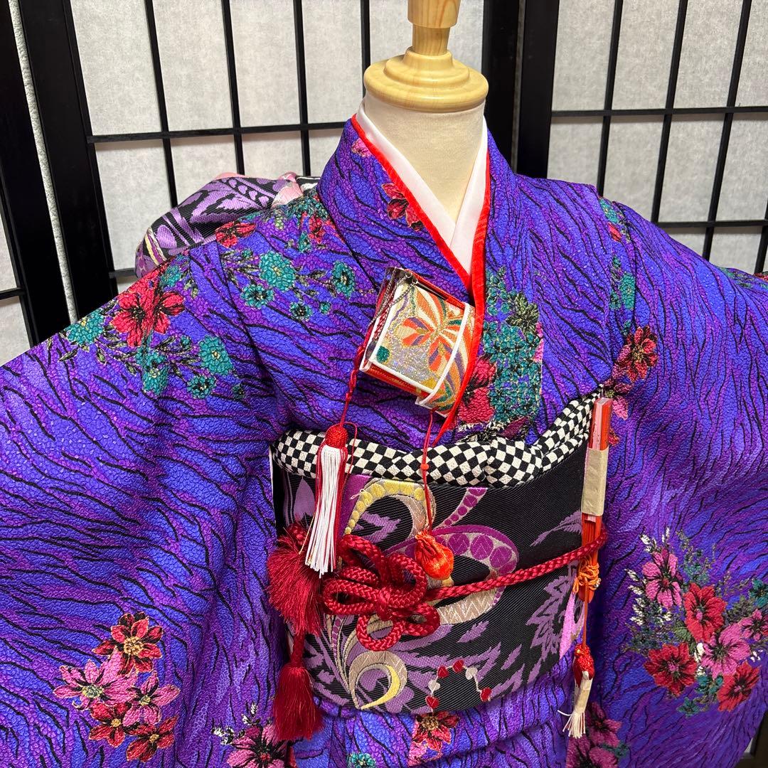 七五三着物セット　7歳　モダンスタイル　黒色　紫色　だらり帯　ぽっくり