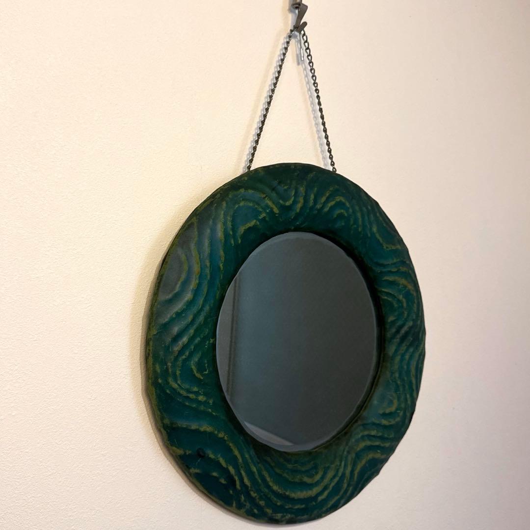 アンティーク　ヴィンテージ　ミラー　円形　グリーン　デザインミラー　吊り下げ　鏡