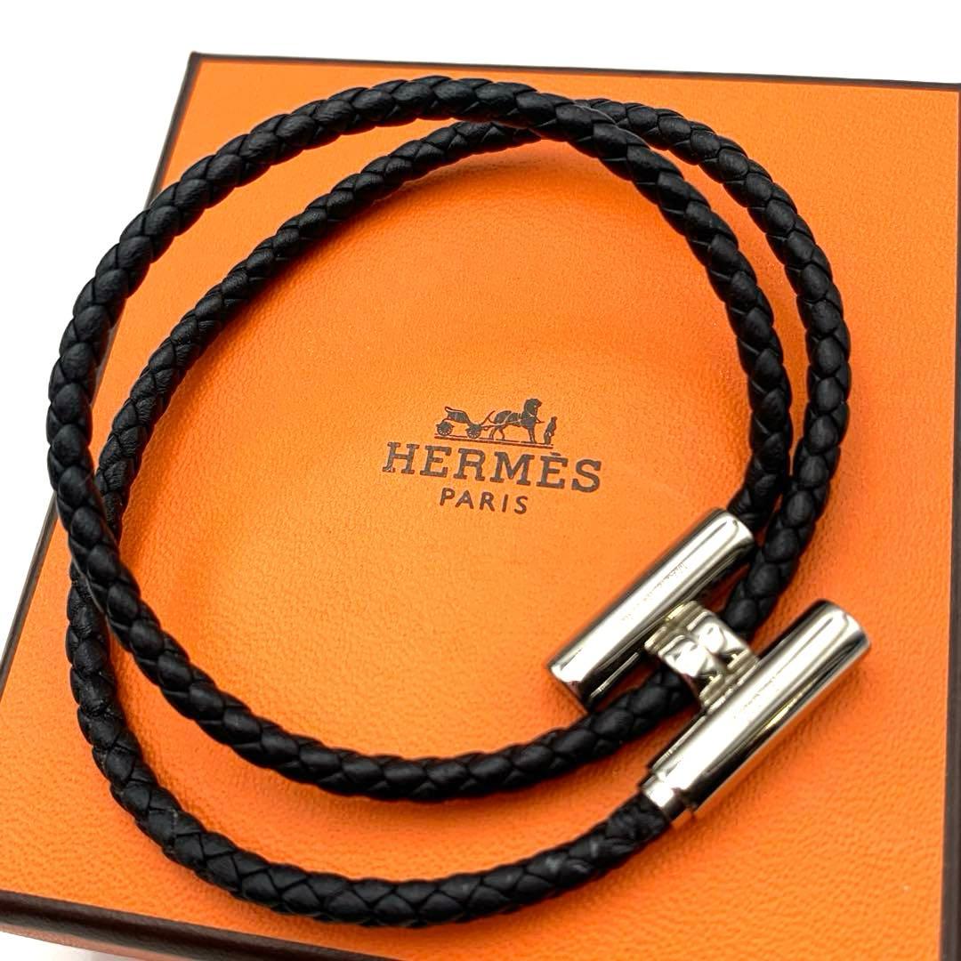 HERMES エルメス トゥルニ トレッセ レザーブレスレット ブラック