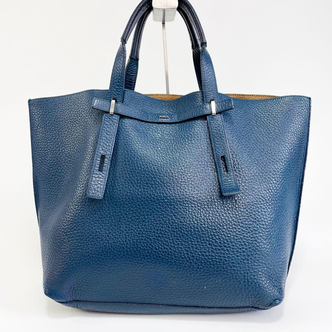 美品◆フルラ ジョーヴェ トートバッグ レザー A4 ネイビー シボ メンズ