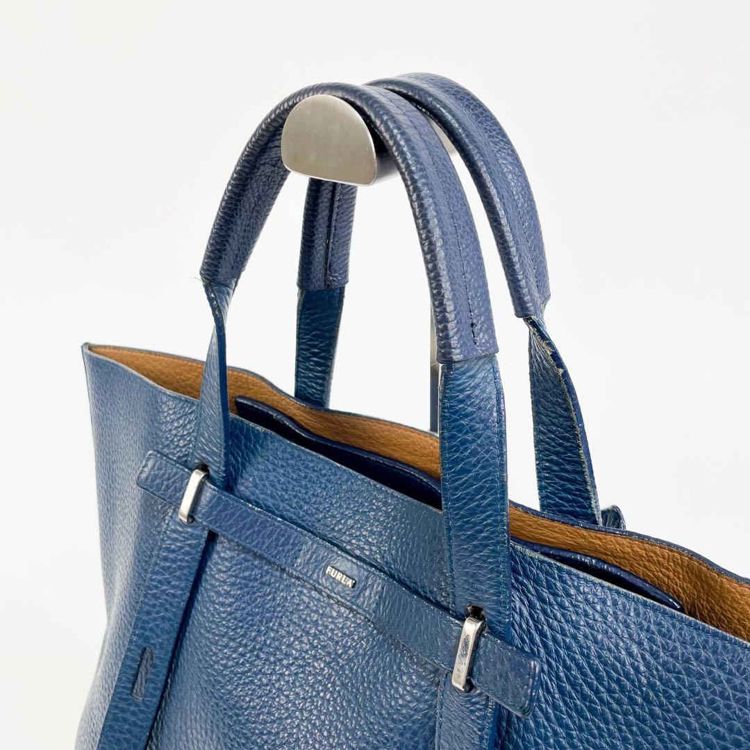 美品◆フルラ ジョーヴェ トートバッグ レザー A4 ネイビー シボ メンズ