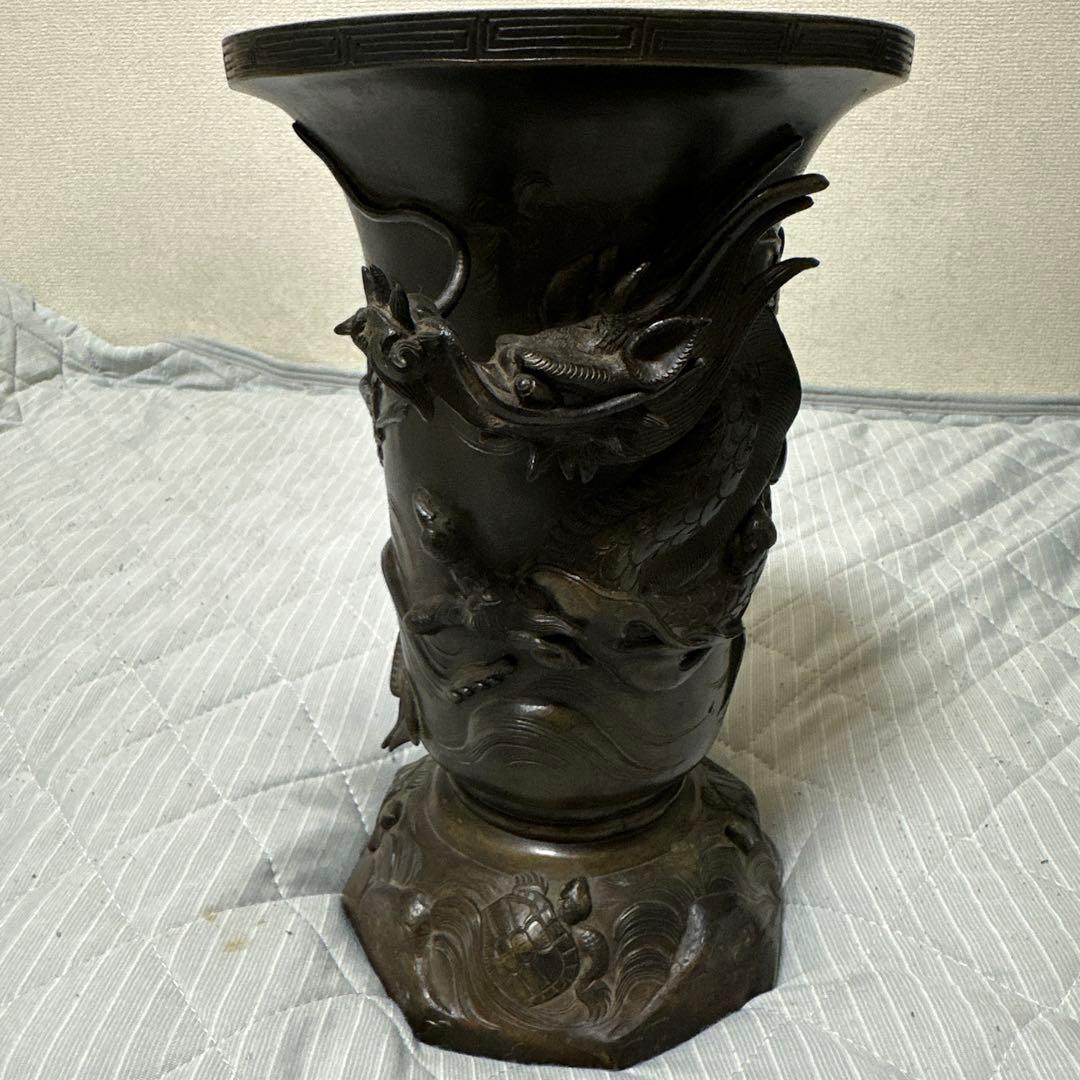 時代物 中国 日本 銅器 龍の置物 鶴亀 薄端 花器 金属工芸 花瓶 龍花瓶