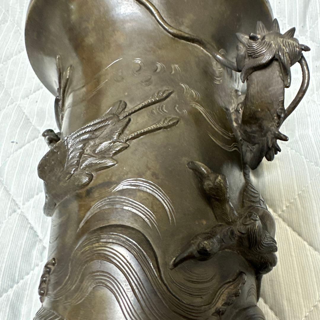 時代物 中国 日本 銅器 龍の置物 鶴亀 薄端 花器 金属工芸 花瓶 龍花瓶