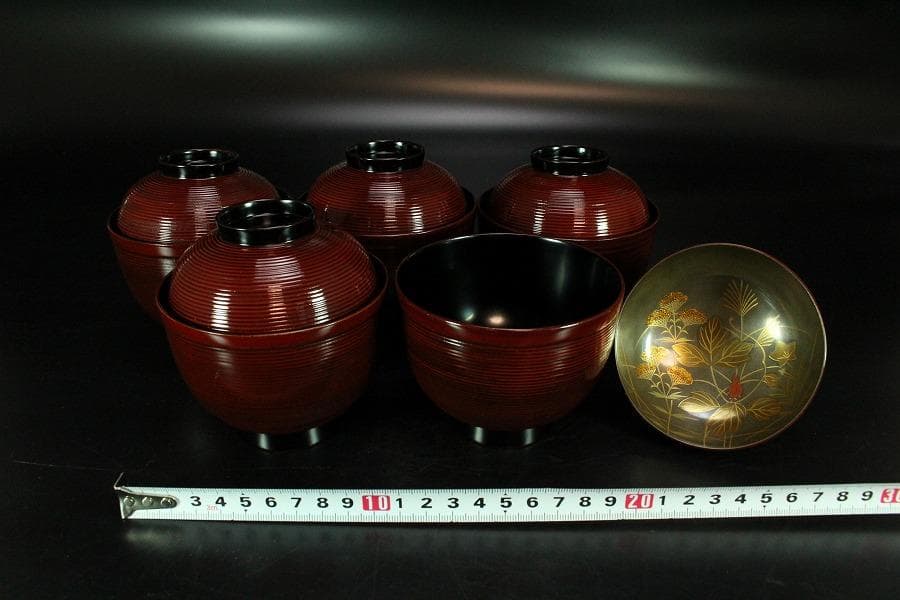 輪島塗 銀地草花紋 溜 糸目 椀 五客 極上(K-XA673)