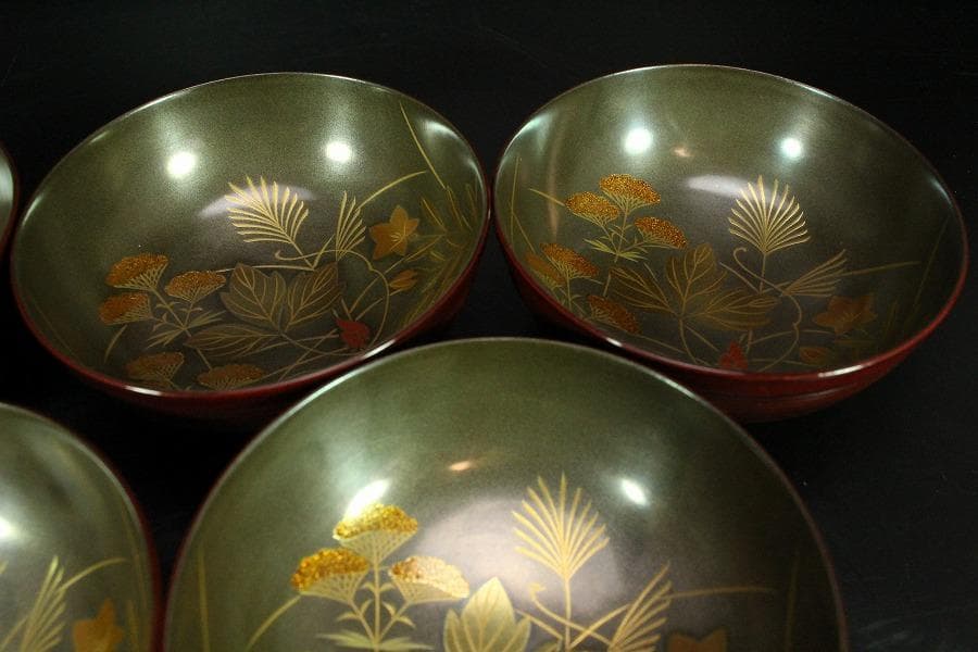 輪島塗 銀地草花紋 溜 糸目 椀 五客 極上(K-XA673)