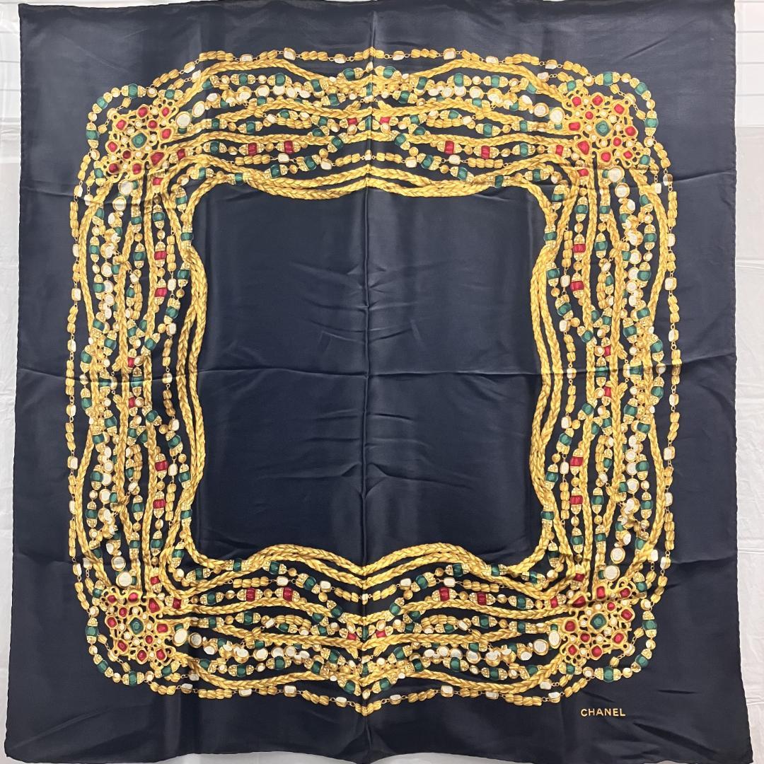 CHANEL シャネル スカーフ シルク ブラック チェーン柄 宝石柄