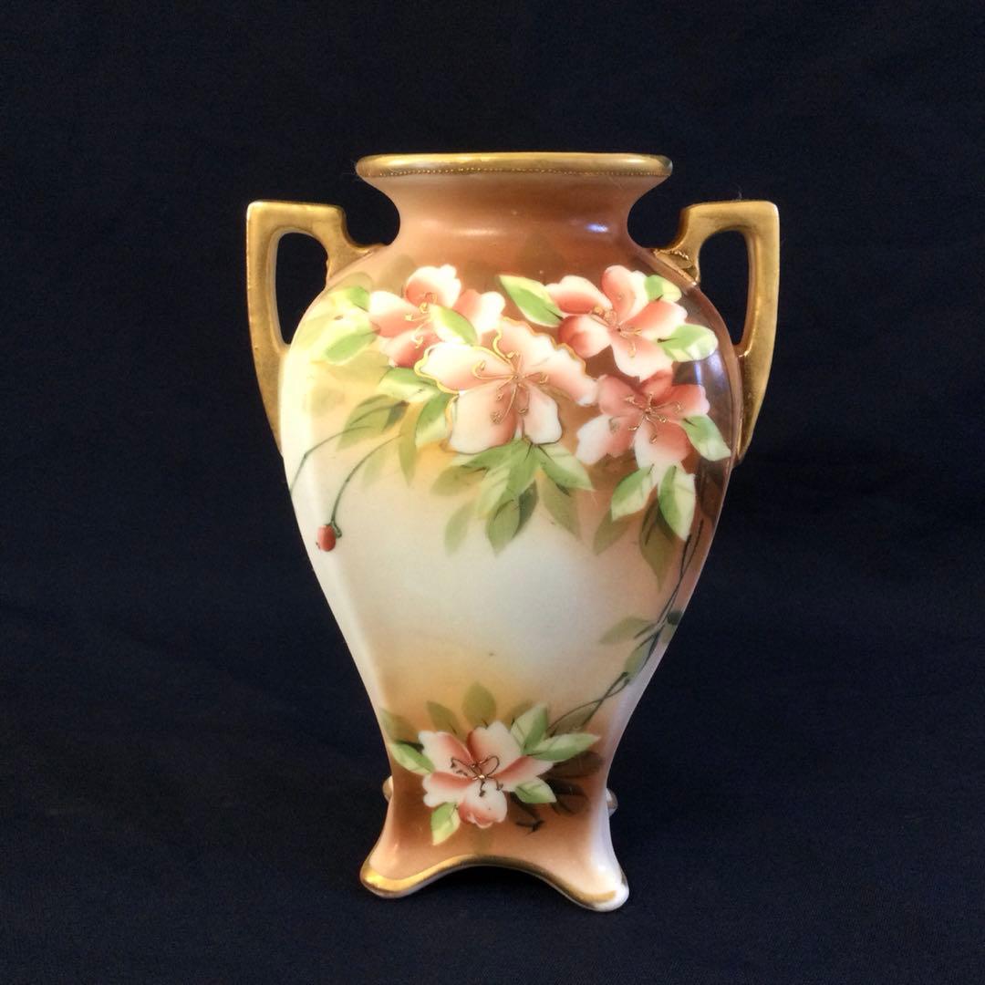 オールドノリタケ ハンドペイント 金彩華絵 耳付花瓶 アンティーク K635