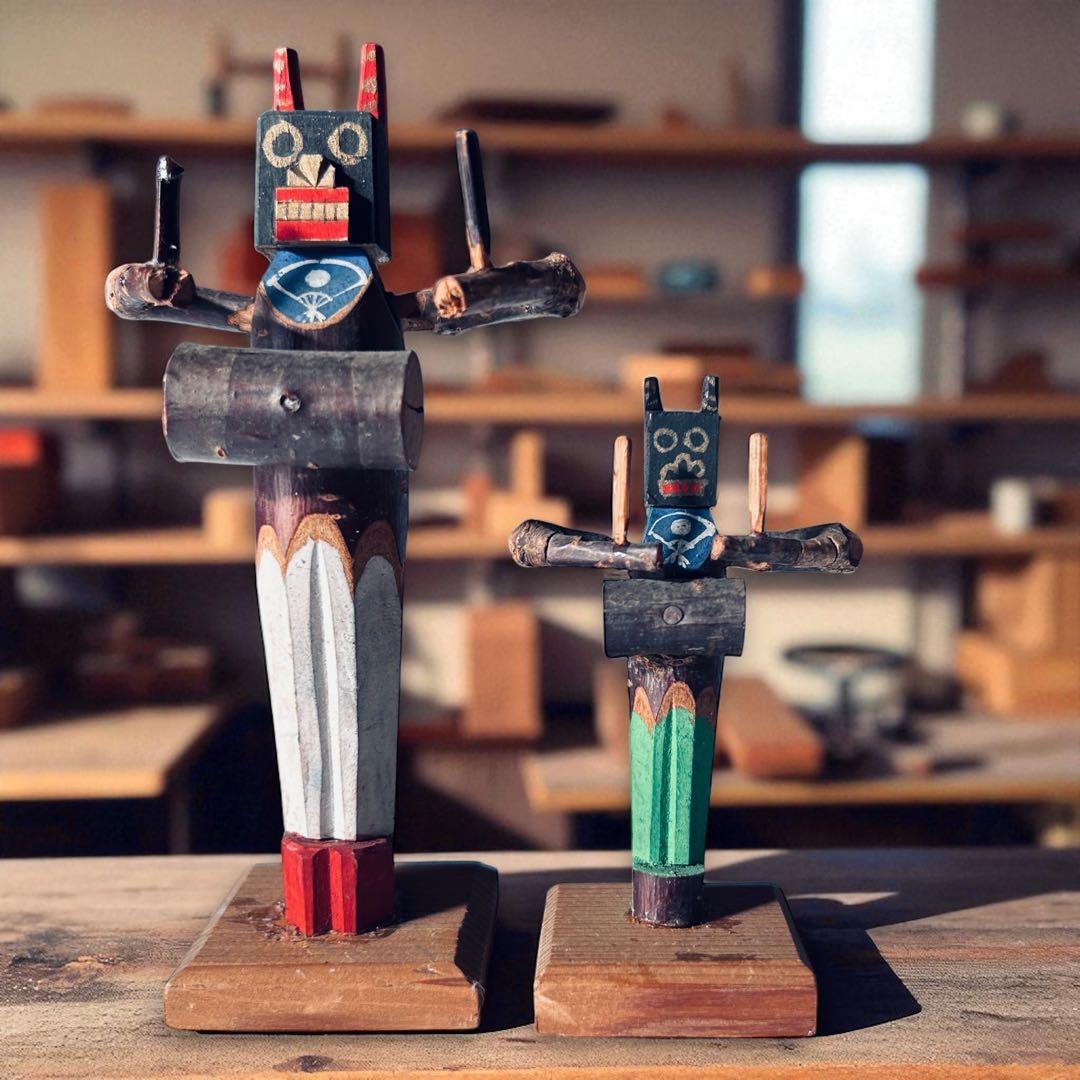 戦前廃絶古玩 秋田県角館・郷土玩具・桜人形佐々楽（ササラ）舞×2体セット