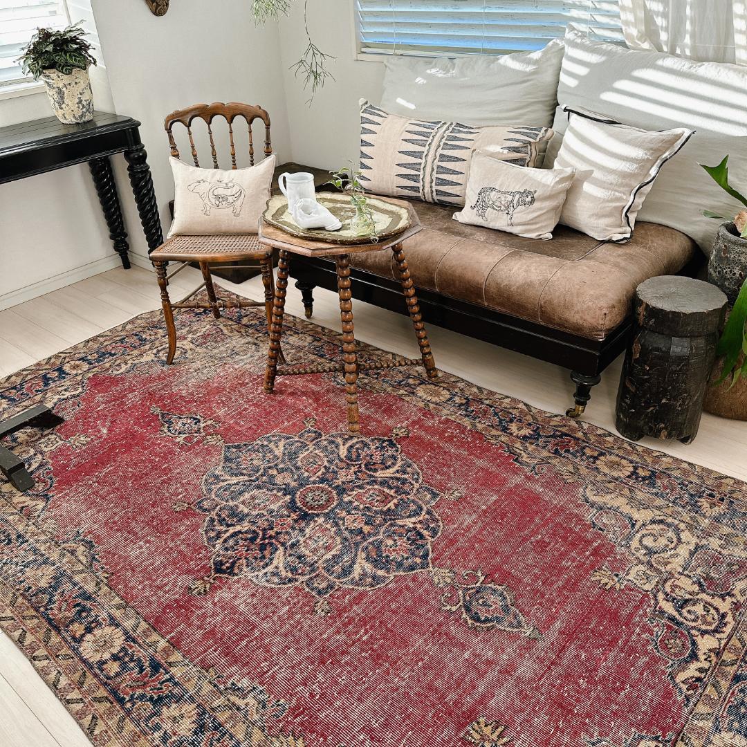 トルコ ヴィンテージラグ A123 超大判 ダークレッド ネイビー メダリオン