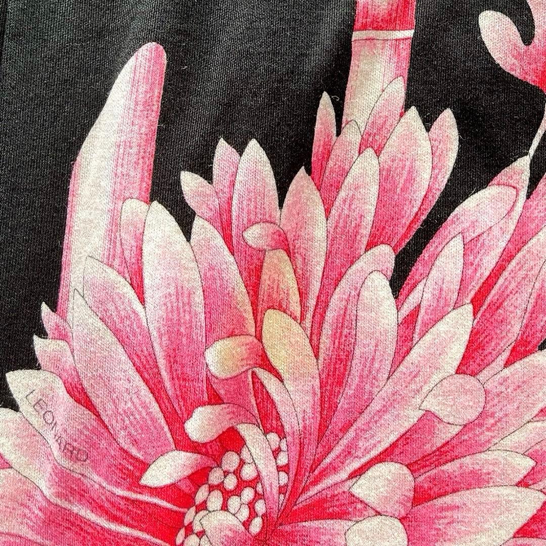 レオナール カットソー シャツ 総柄 花柄 トリム コットン 黒 ピンク L