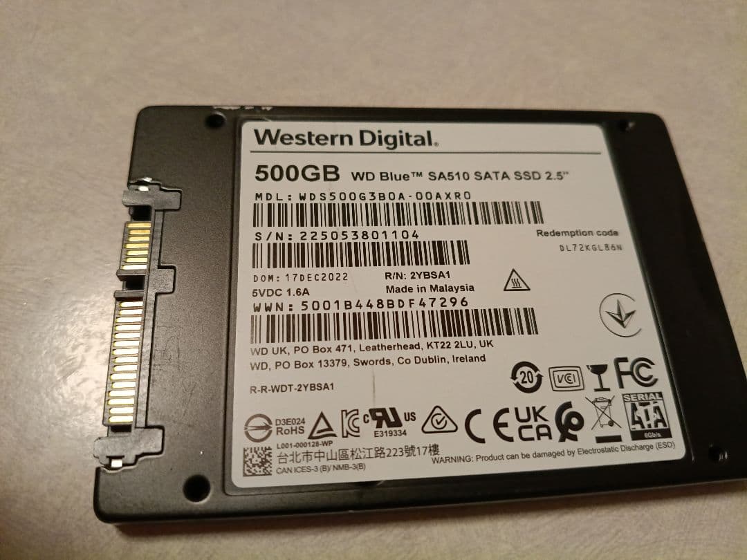 WD Blue SA510 500GB SSD 稼働107時間　100%　104
