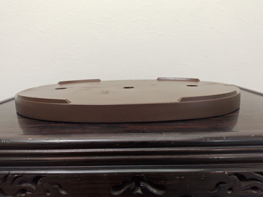 陶器製楕円形盆栽鉢 ブラウン 約45cm ×29cm×3.5cm薄型　落款　積徳