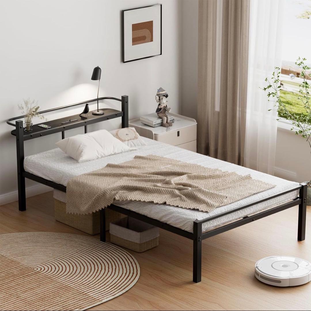ベッドフレーム シングル ベッド 宮棚 2口コンセント耐荷重300kgブラック