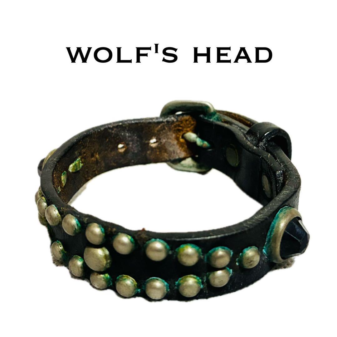 ウルフズヘッド　レザーブレスレット　レザーバングル　ブラック　スタッズ