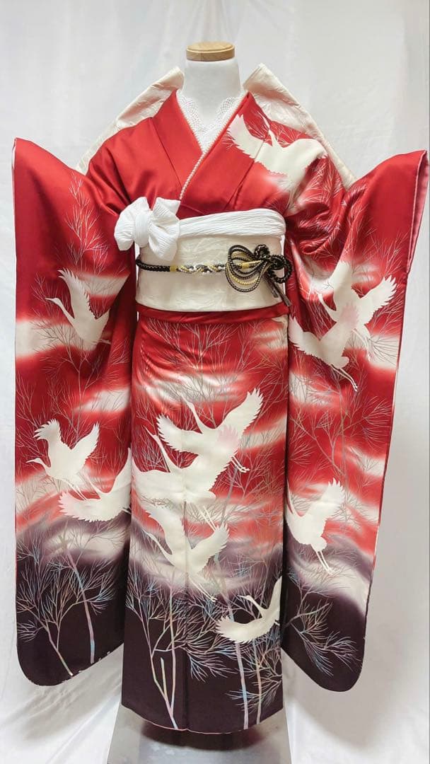 振袖 赤と白 正絹 成人式　振袖6点セット　振袖フルセット