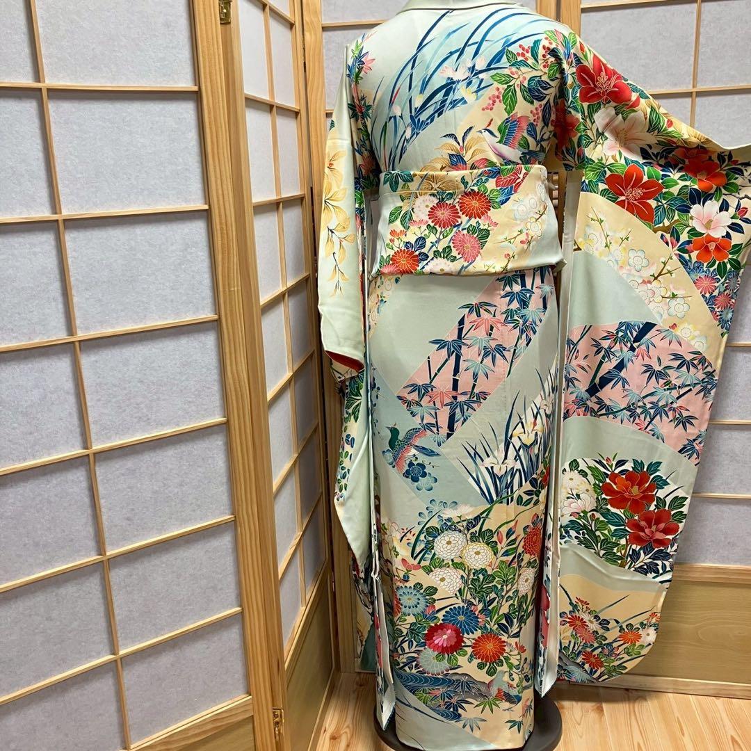 tu様［7144］振袖 笹竹花鳥文 駒刺繍 成人式 卒業式 正絹 着物 袷