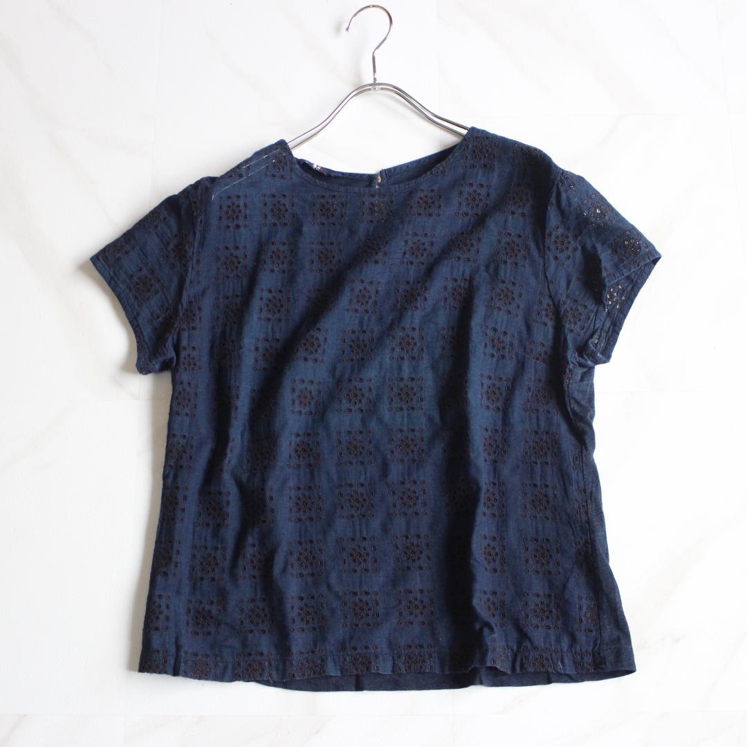 45R インディゴカットワークブラウス M ネイビー コットン