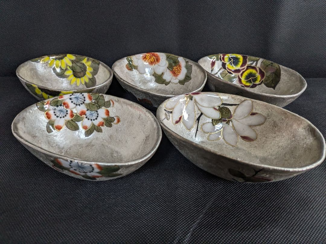陶あん 清水焼 京焼 色絵付け 銀彩 小鉢 小皿 5枚セット
