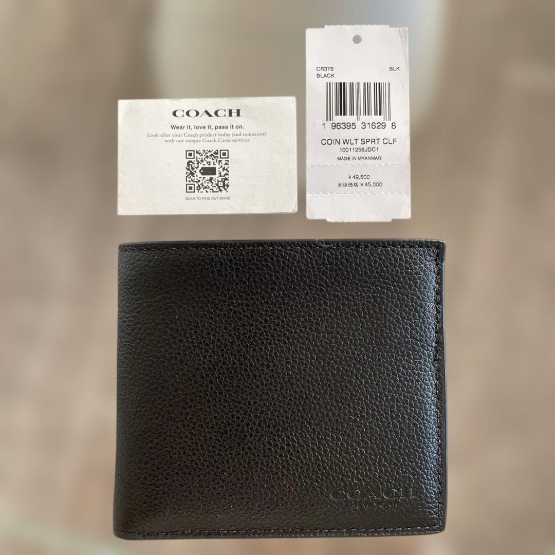 未使用　定価49,500円　COACH ブラック 二つ折り財布 ポケット付