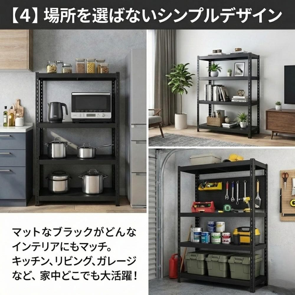 スチールラック収納棚4段頑丈耐荷重80kgブラック組立簡単整理棚ブラック黒色