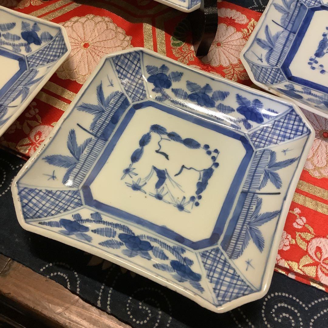 古伊万里　染付　線描　松竹梅　角皿　江戸　銘有　5客　大聖寺・李朝・輪島塗好き