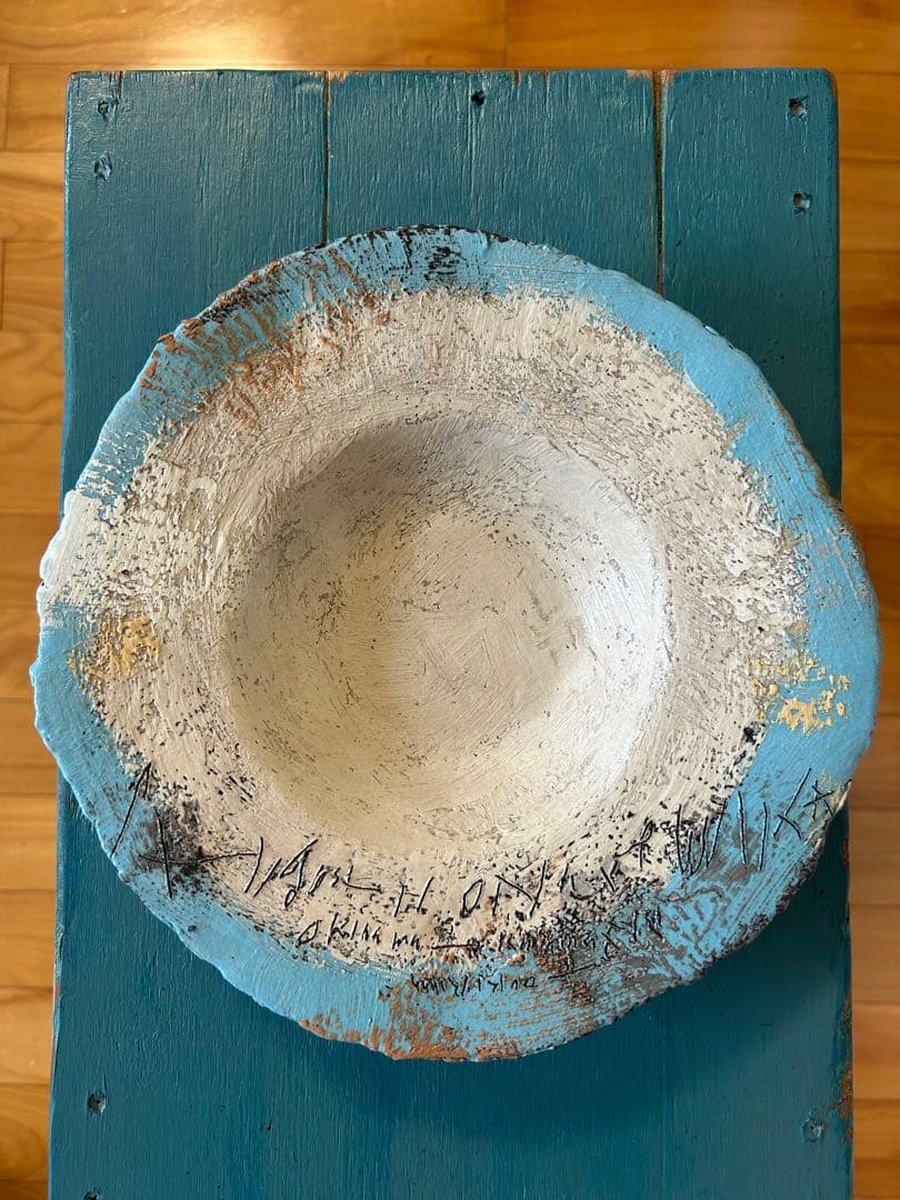 ★作家もの器★東恩納美架★リムボウル★やちむん沖縄★大皿★プレート★ブルー青