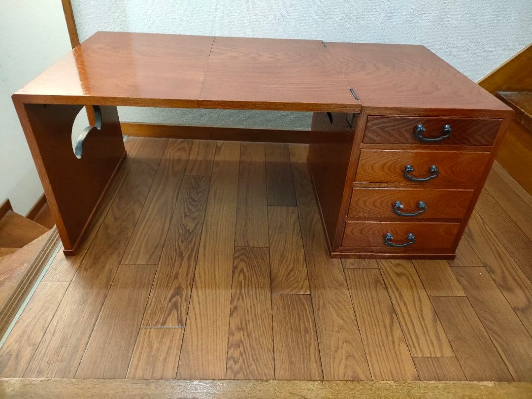 【ほぼ未使用】折り畳み　文机　職人手造り　引出し　銘木　欅　コンパクト　書斎机