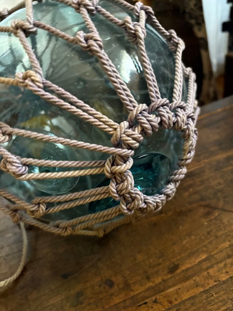 【特大25cm】ヴィンテージ 浮ガラス 浮き玉 吹きガラス 網付レトロ オブジェ