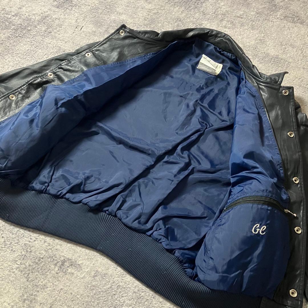 80sカナダ製短丈レザージャケット本革刺繍ボンバージャケット革ジャンブラック黒