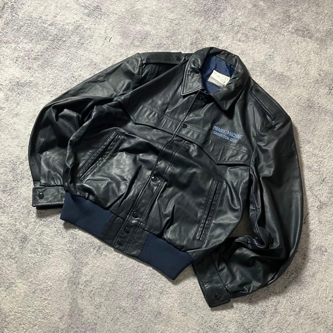 80sカナダ製短丈レザージャケット本革刺繍ボンバージャケット革ジャンブラック黒