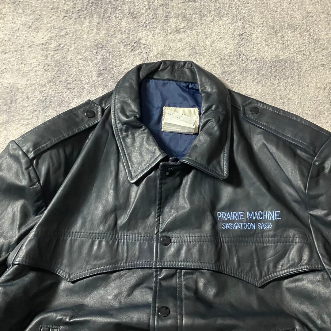 80sカナダ製短丈レザージャケット本革刺繍ボンバージャケット革ジャンブラック黒