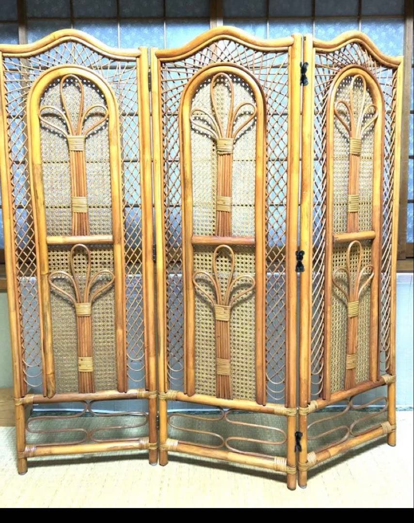 ❣️衝立　パーテーション　屏風ラタン　間仕切り目隠しレトロ　木製３連　キッチン玄関