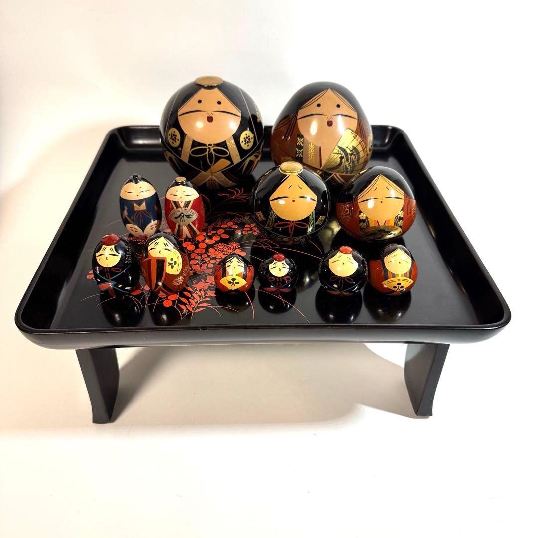 大内人形5点&紀州雛1点 木製漆塗り台付