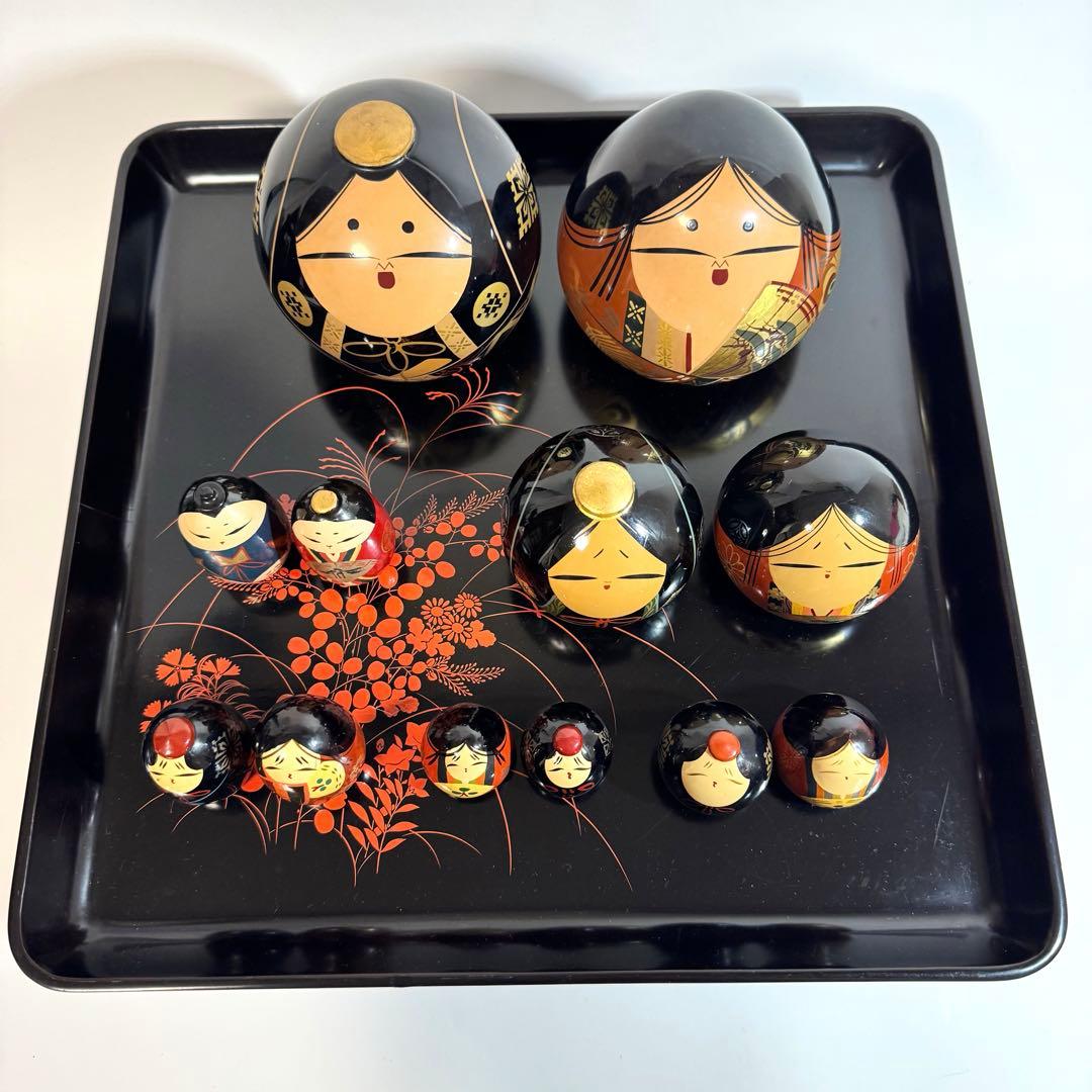 大内人形5点&紀州雛1点 木製漆塗り台付