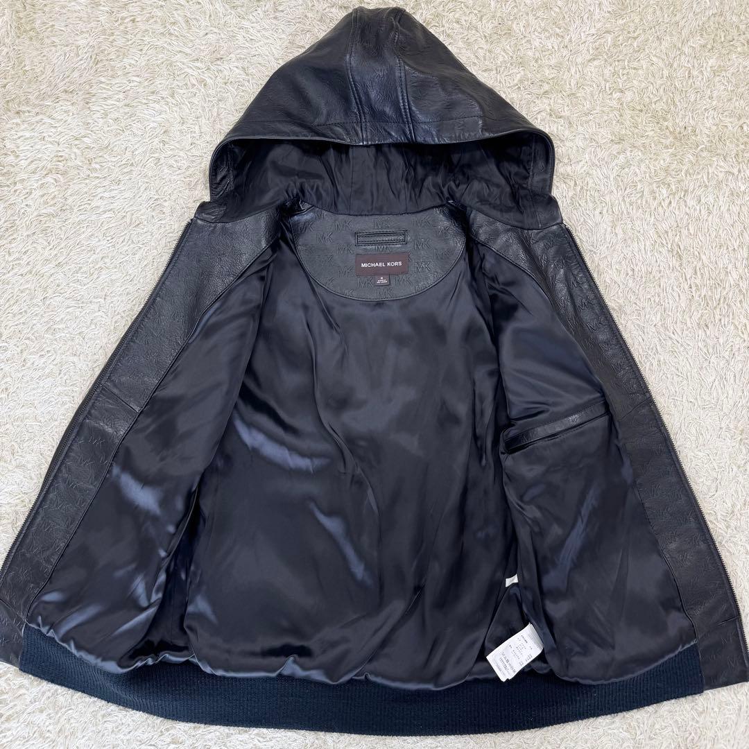 美品　マイケルコース　メンズ　レザー　パーカー　総柄　ブラック　フード　Mサイズ