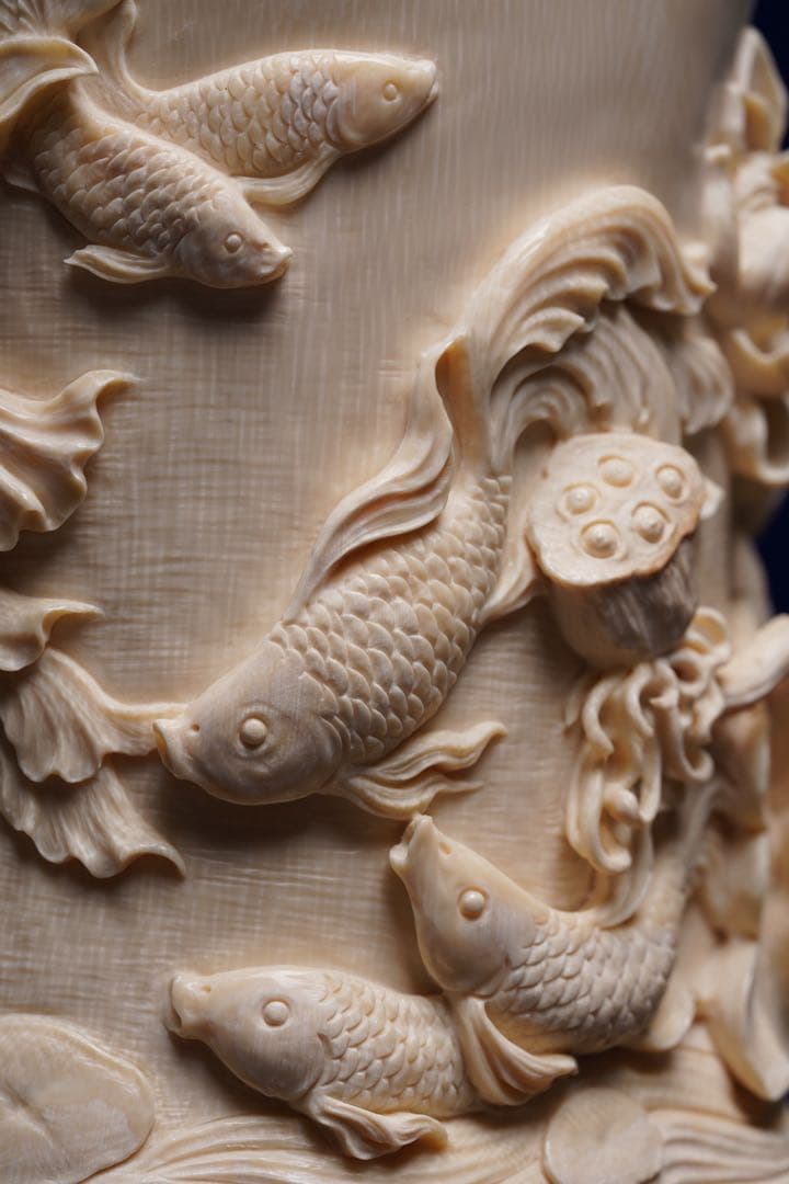 天然マンモス牙美しい手作り彫刻 金玉満堂 筆筒