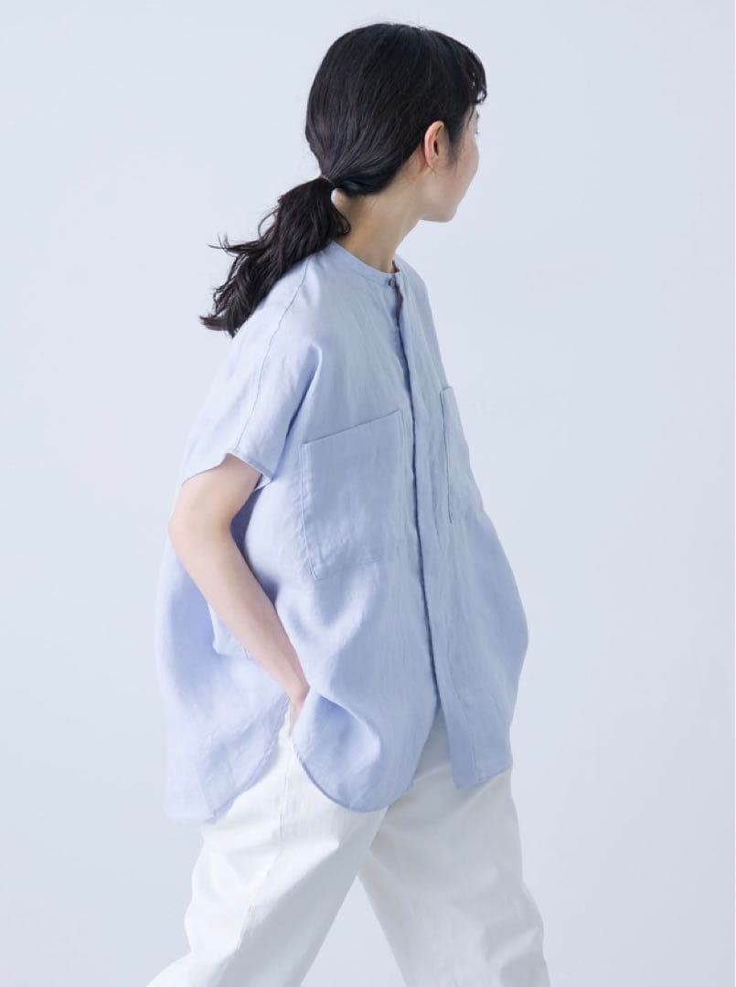 一度着用　￼かぐれ　リネンWポケットフレンチシャツ　LIGHT BLUE