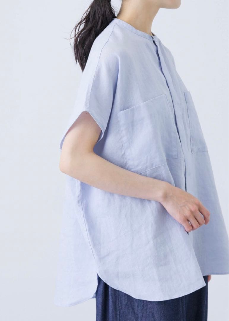 一度着用　￼かぐれ　リネンWポケットフレンチシャツ　LIGHT BLUE