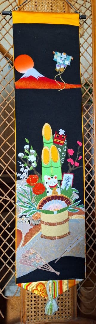 押し絵、タペストリー、額飾り、「迎春」、チャ