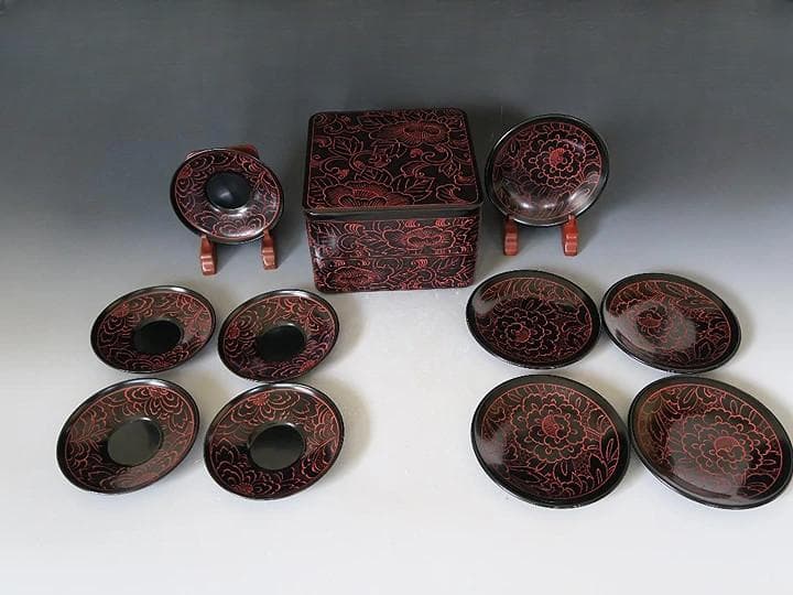 【輪島塗】沈赤牡丹彫 塩安謹製 二段重箱 茶托 銘々皿 五客揃まとめて 共箱