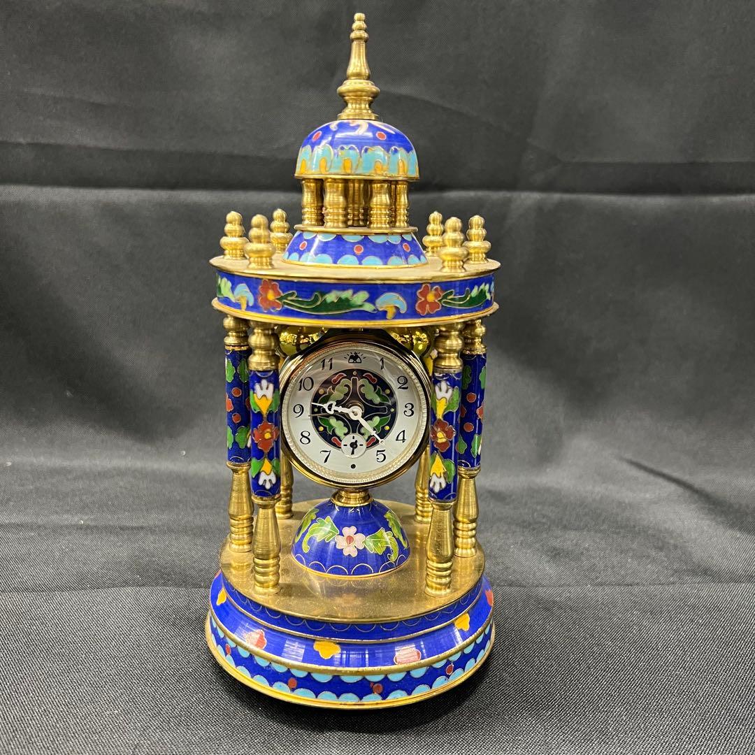 E2【used】七宝焼　置き時計　目覚まし時計　手巻き時計