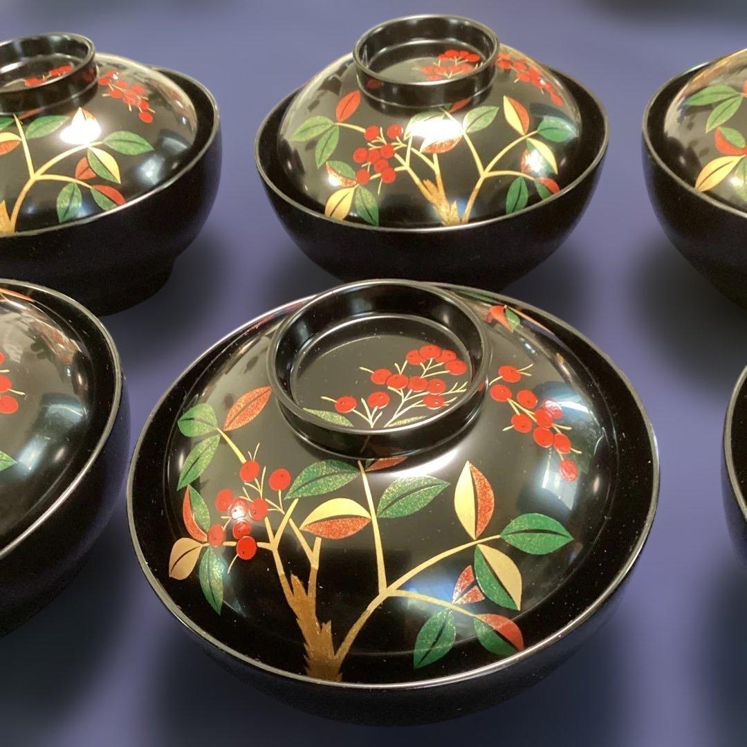 はっちゃん　　木乾黒塗り南天絵椀6客　新品未使用　　　雑煮椀